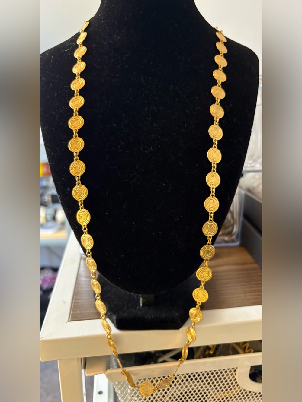 Vintage Liz Claiborne Gold Disc Necklace 36 inches Long